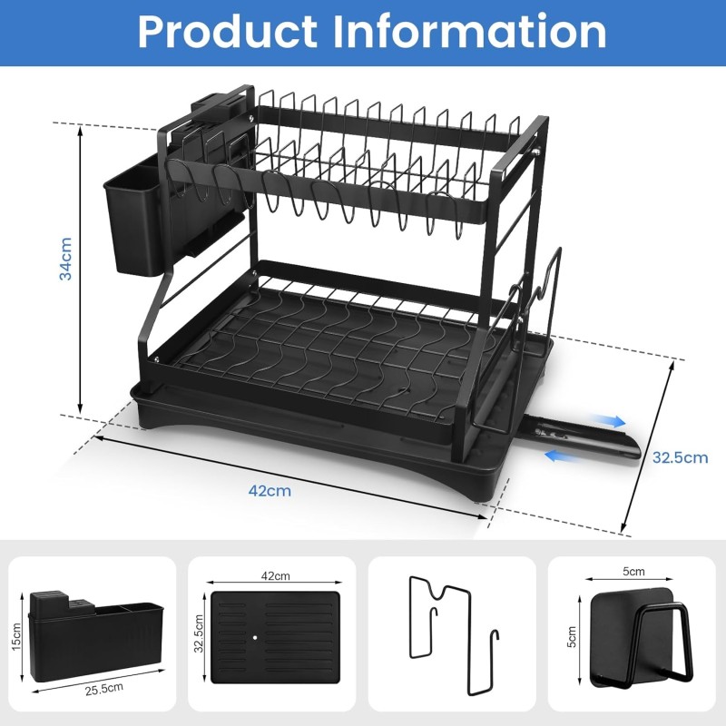Black 2-Tier Stainless Steel Dish Rack 2 of 4