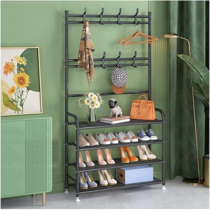 Metallic 5-Tier Shoe Rack with Coat Hooks Metallic 5-Tier Shoe Rack with Coat Hooks