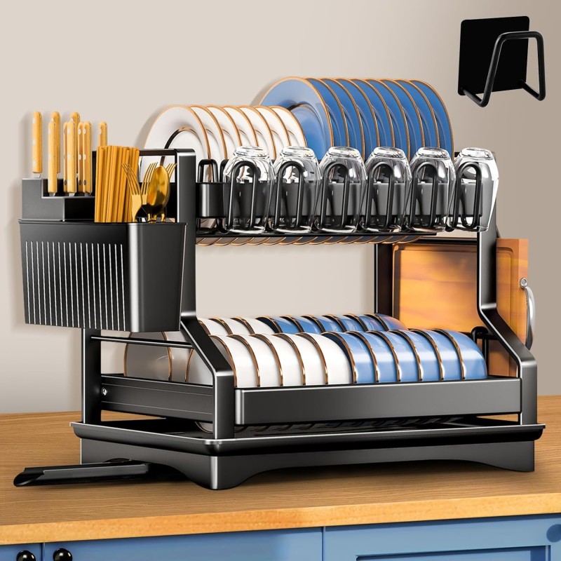 Black 2-Tier Stainless Steel Dish Rack
