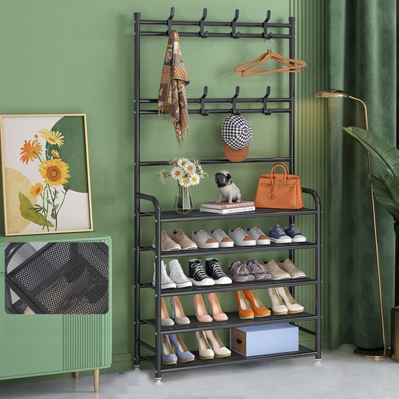 Metallic 5-Tier Shoe Rack with Coat Hooks 6 of 6
