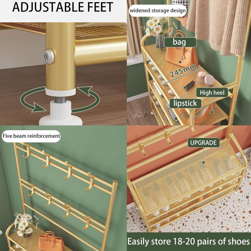 Metallic 5-Tier Shoe Rack with Coat Hooks 3 of 6