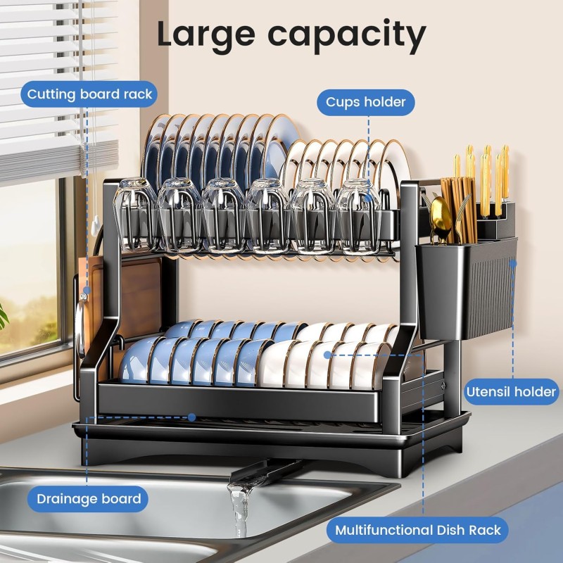 Black 2-Tier Stainless Steel Dish Rack 4 of 4