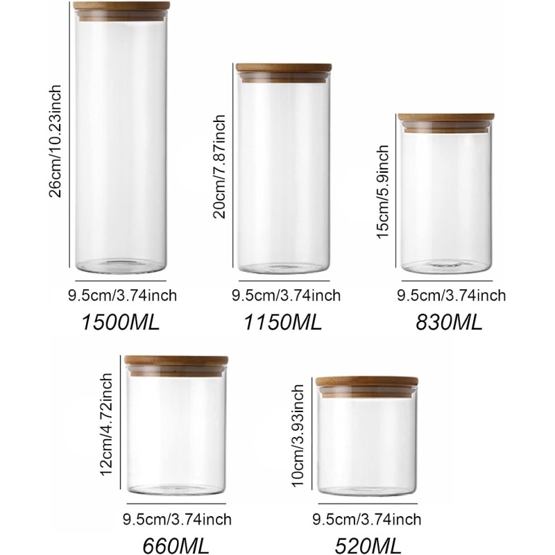 Set of 5 Glass Jars with Bamboo Lids Stackable Kitchen Storage Containers 6 of 8