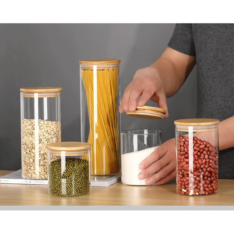Set of 5 Glass Jars with Bamboo Lids Stackable Kitchen Storage Containers 2 of 8