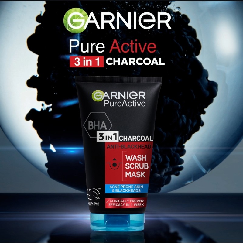 Garnier Pure Active 3-in-1 Charcoal Anti blackheads Mask Wash Scrub.