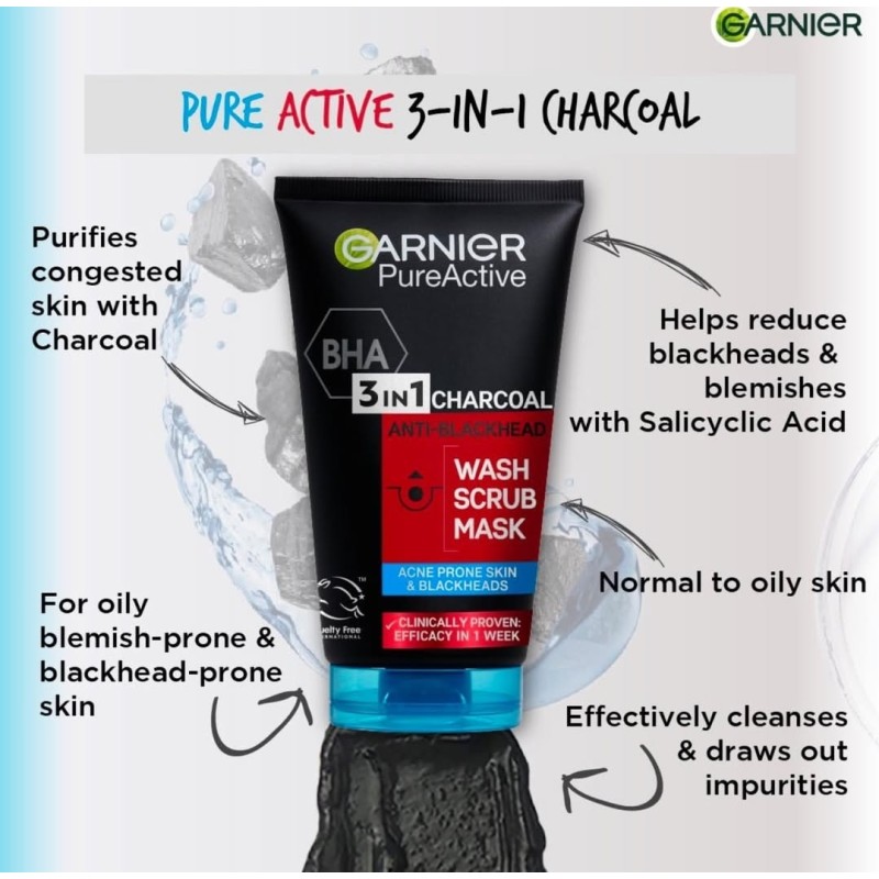 Garnier Pure Active 3-in-1 Charcoal Anti blackheads Mask Wash Scrub. 2 of 3