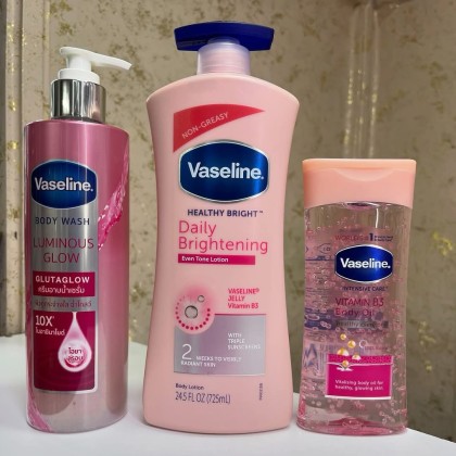 Vaseline Body Wash, Daily Brightening Lotion and Vitamin B3 oil, pack