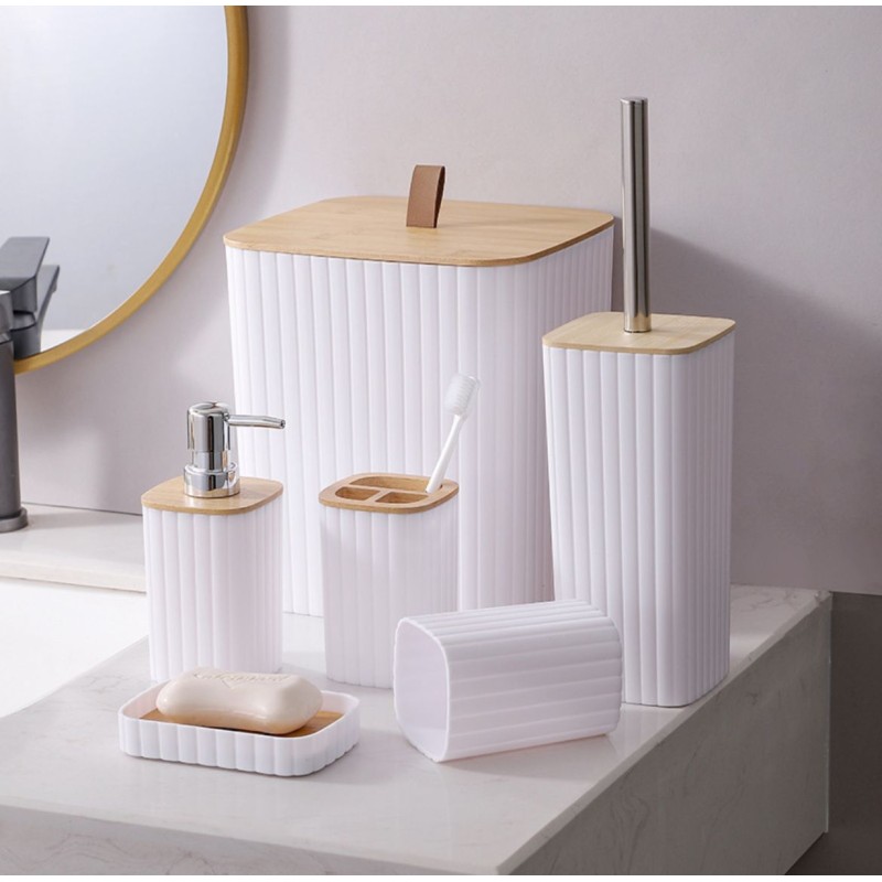 6-in-1 Bathroom Accessories Set with Wooden Top 3 of 4