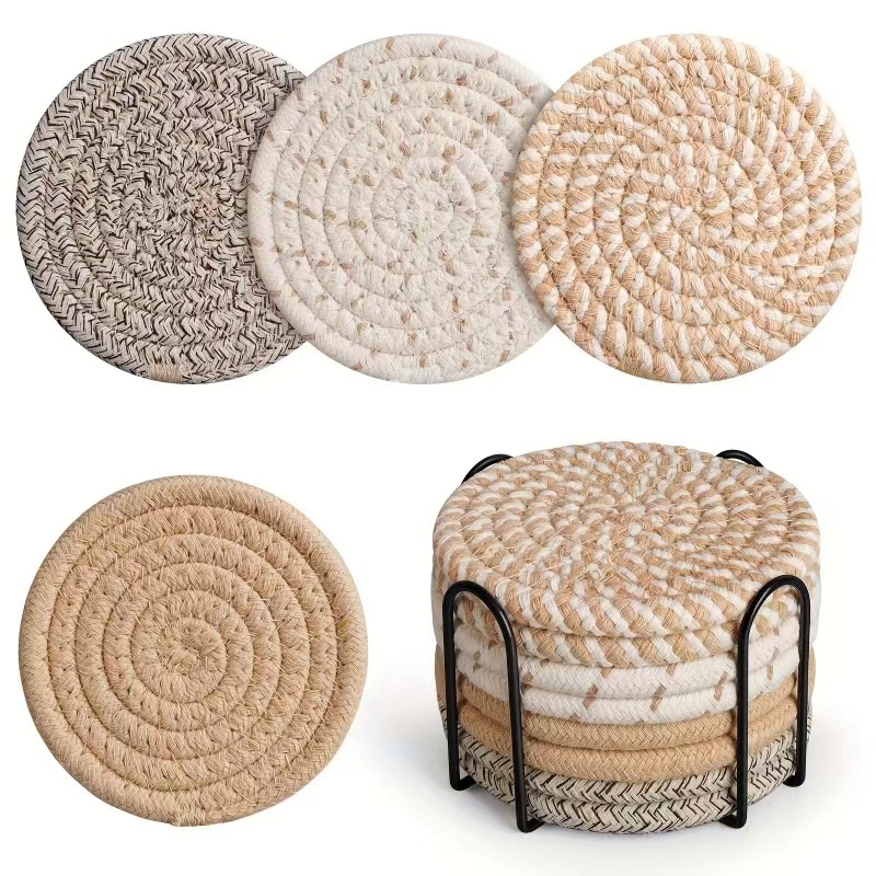 8pcs Rattan Coasters with Metallic Holder