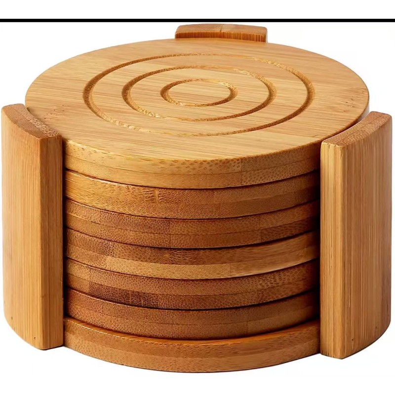 6PCS Round Bamboo Coaster Set 2 of 4