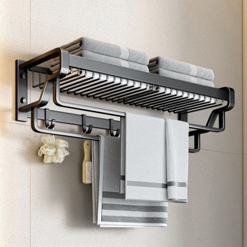 Bathroom Wall Mounted Towel Rack Accessory with Hooks 4 of 6