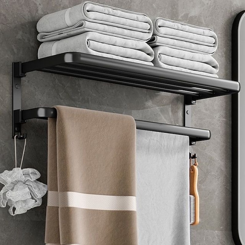 Bathroom wall mounted towel rack accessory with hooks