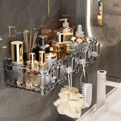 Acrylic Wave Patterned Storage Shelf with gold colored hooks Acrylic Wave Patterned Storage Shelf with gold colored hooks